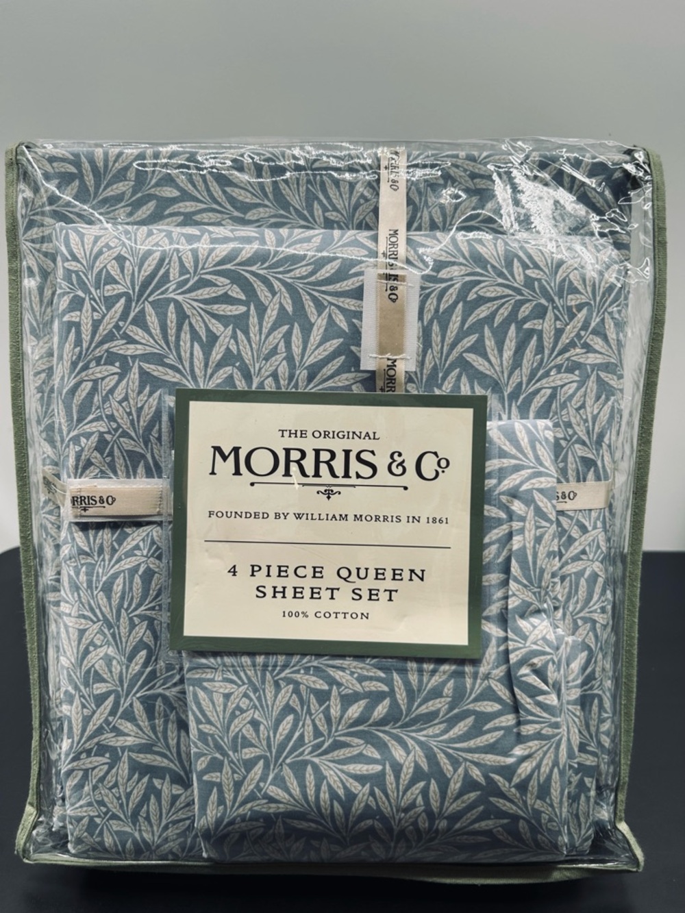 Morris & Co Queen 4-Piece Sheet Set in Sage Leaf Print 100% Cotton